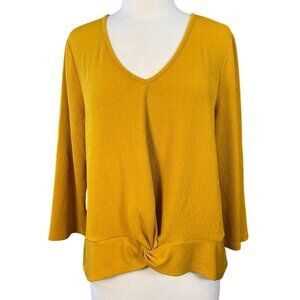 Ann Taylor Factory 3/4 Sleeve Mustard V-Neck Twisted Hem Detail Blouse XL